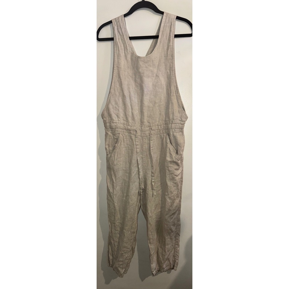 Not Perfect Linen Jumpsuit Oatmeal Beige 100% Linen Crossover Back Small